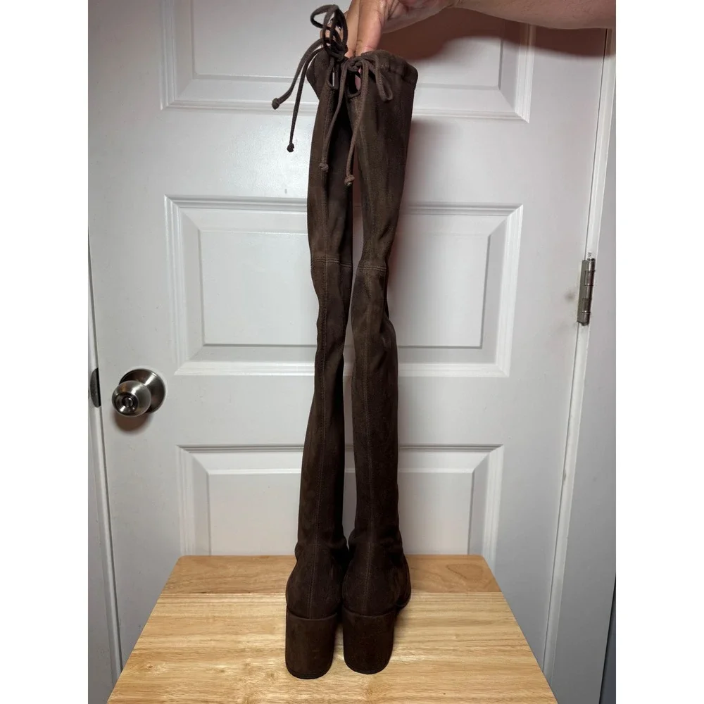 Stuart Weitzman Tieland Brown Stretch Suede Over The Knee Block Heel Boots
